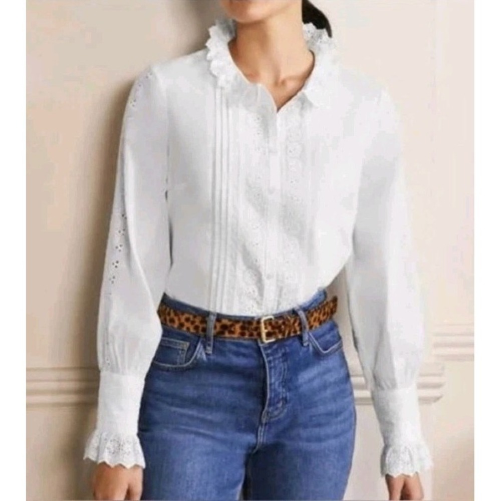 Boden Felicity Eyelet Lace Cotton Blouse Women's 8 Ruffle-Trim Button Up White